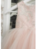 Blush Pink Glitter Lace Tulle Tea Length Flower Girl Dress